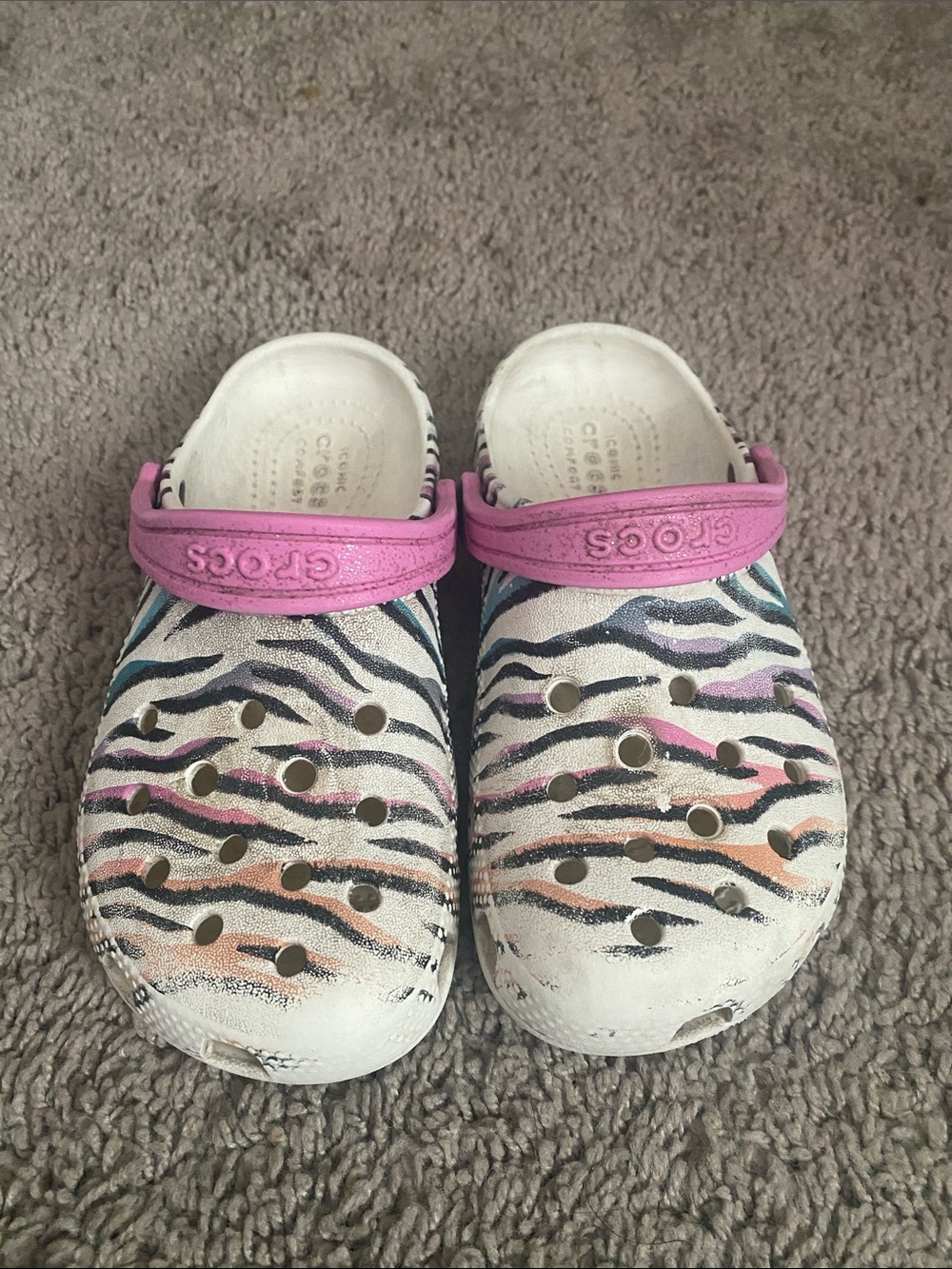 Classic CROCS Kids White Clog with Pink Strap and Multicolor Zebra Stripes